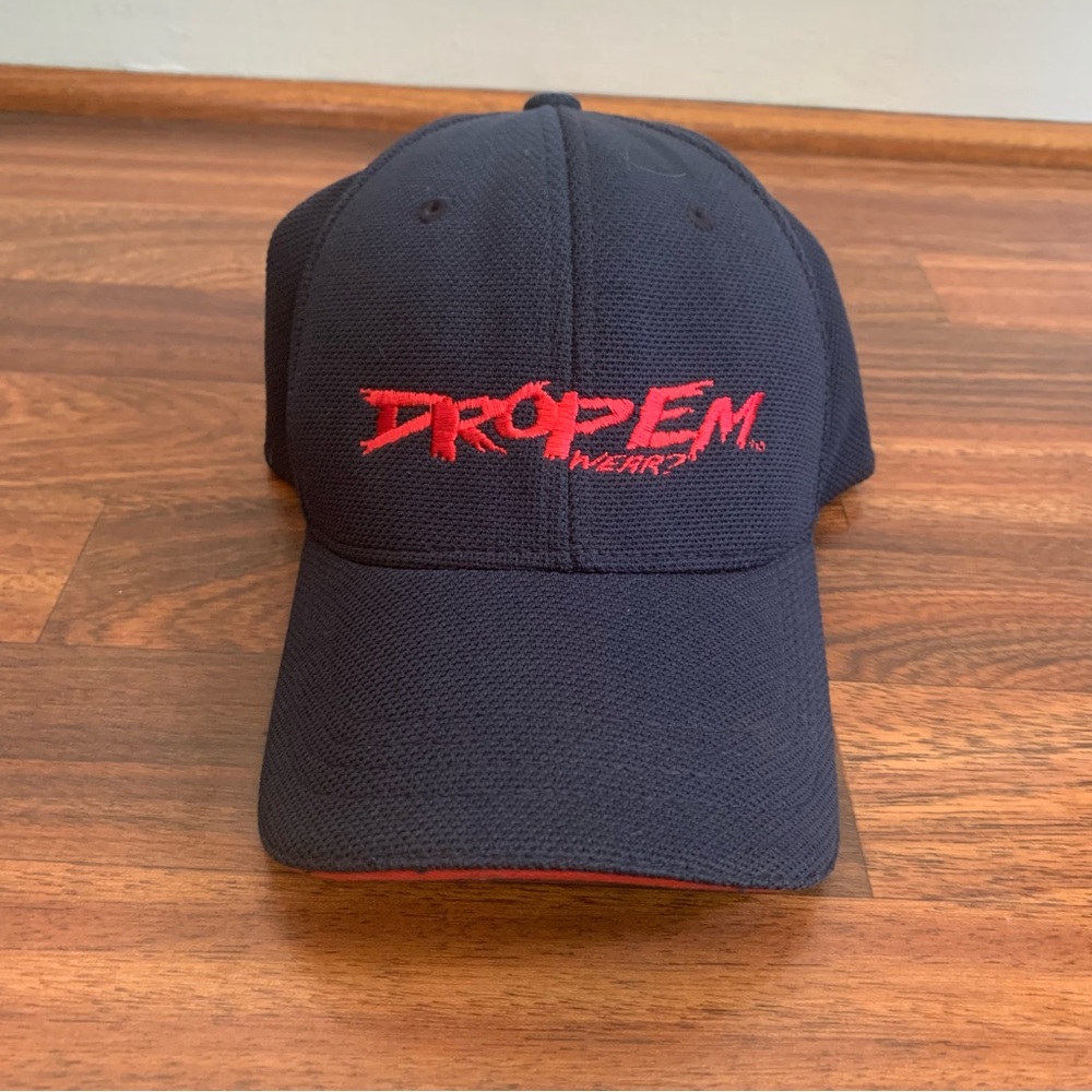 Yupoong Drop Em Wear Navy Blue Curved Bill Flex Fit Hat Red logo